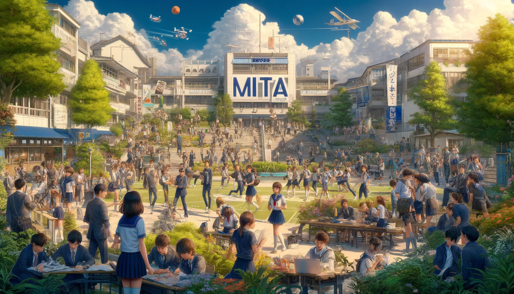 A lively and bustling high school campus scene depicting the popularity of Mita High School in Japan, with the word 'Mita' prominently displayed in multiple locations including the sky and on banners held by students. The image features a diverse group of students of various Asian descents, in school uniforms, actively participating in a variety of outdoor activities. The scene includes students engaged in discussions, sports, and studying in outdoor settings, with a backdrop of modern and traditional school buildings. The landscape is lush with trees and flowers, symbolizing a vibrant school life. The atmosphere is energetic and joyful, reflecting a highly regarded and active educational environment.