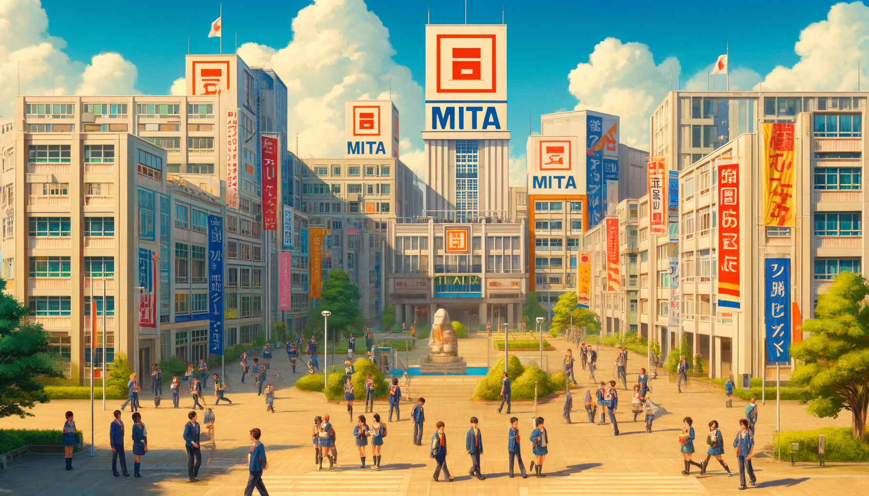 A vibrant high school campus scene at Mita High School, Japan, featuring the word 'Mita' prominently displayed across various elements of the image. This includes the sky, building facades, and on flags carried by students. The campus is bustling with diverse groups of Asian students, all wearing colorful school uniforms and engaged in a variety of activities like sports, studying, and social interactions. The architecture combines modern with traditional elements, and the grounds are lush with greenery and seasonal flowers, creating a lively, dynamic educational atmosphere.