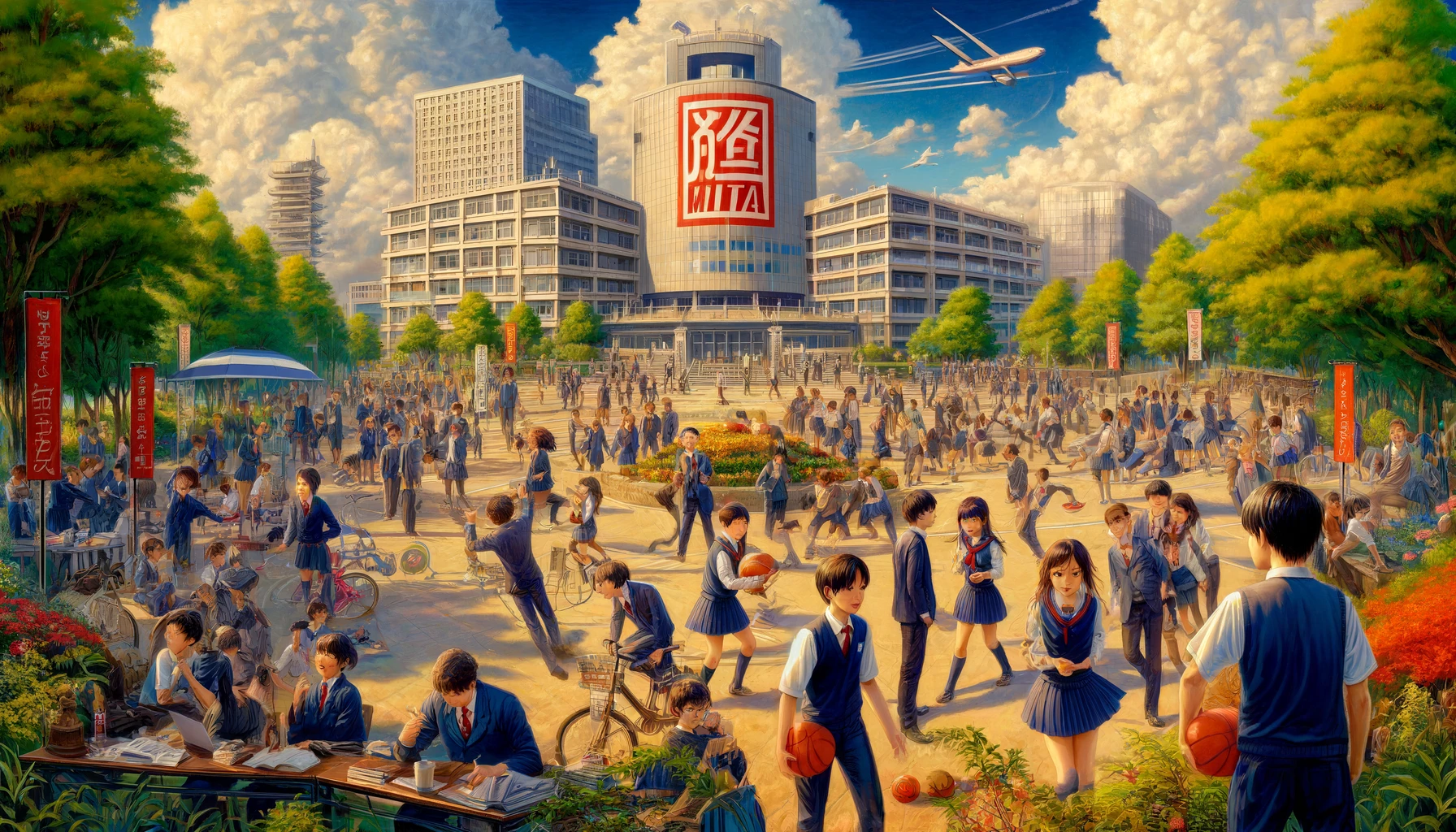 A lively and bustling high school campus scene depicting the popularity of Mita High School in Japan, with the word 'Mita' prominently displayed in both the foreground and the sky. The image features a diverse group of students of various Asian descents, in school uniforms, actively participating in a variety of outdoor activities. The scene includes students engaged in discussions, sports, and studying in outdoor settings, with a backdrop of modern and traditional school buildings. The landscape is lush with trees and flowers, symbolizing a vibrant school life. The atmosphere is energetic and joyful, reflecting a highly regarded and active educational environment.
