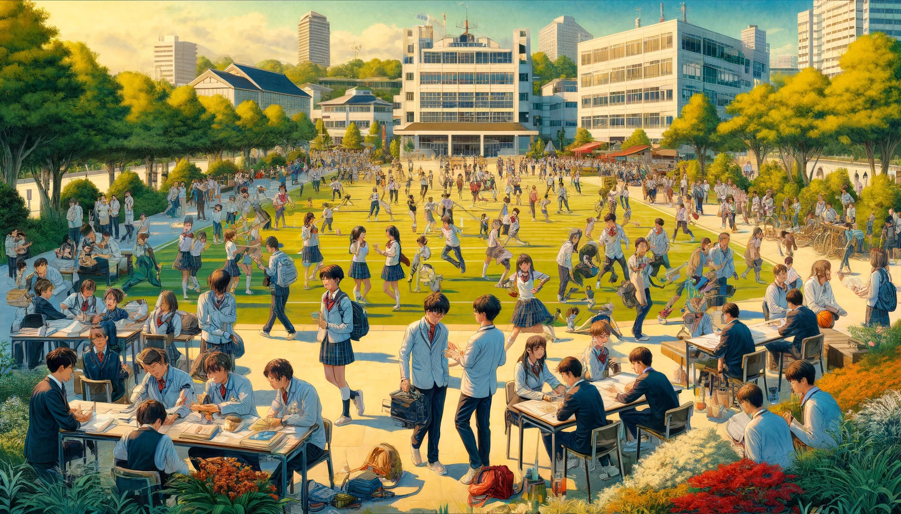 A lively and bustling high school campus scene depicting the popularity of Mita High School in Japan. The image features a diverse group of students of various Asian descents, in school uniforms, actively participating in a variety of outdoor activities. The scene includes students engaged in discussions, sports, and studying in outdoor settings, with a backdrop of modern and traditional school buildings. The landscape is lush with trees and flowers, symbolizing a vibrant school life. The atmosphere is energetic and joyful, reflecting a highly regarded and active educational environment.