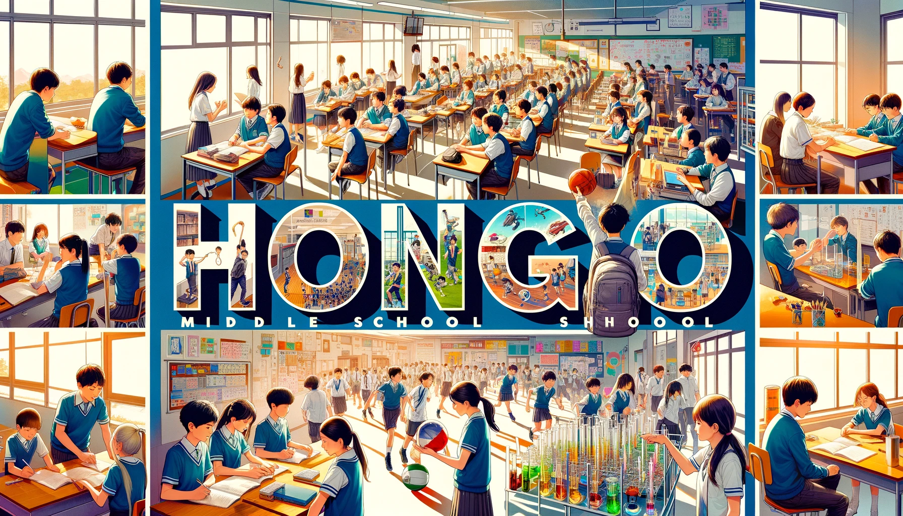 A vivid scene at Hongo Middle School focusing specifically on middle school students. The image captures students in uniforms, actively engaging in various educational and recreational activities. Some students are participating in a class discussion inside a modern classroom, while others play sports or conduct experiments outdoors. The school environment is lively and colorful, reflecting a nurturing educational atmosphere. Prominently, the word 'HONGO' is included in bold English letters, emphasizing the school's identity and vibrancy.