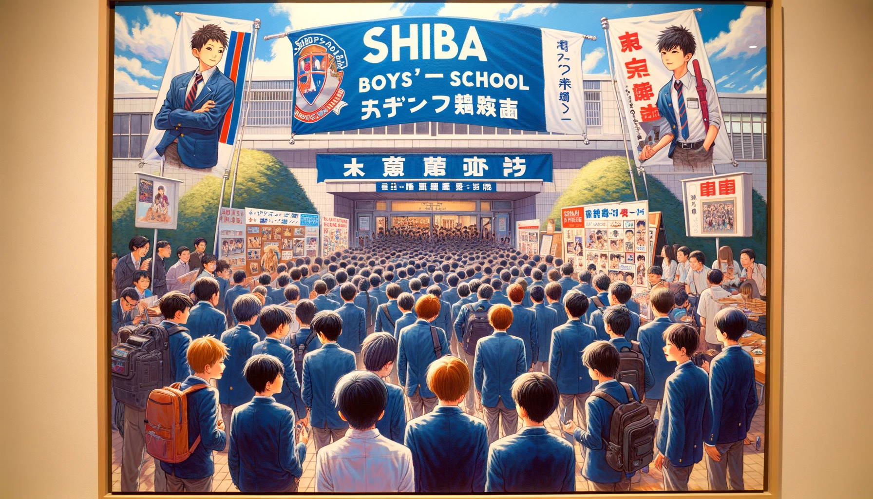A vibrant scene at SHIBA Boys' Middle School capturing its popularity. The image shows the school entrance with a crowd of male students and parents during an open school day. Banners with the school's name 'SHIBA' welcome the visitors, and students are shown in various activities like tours, presentations, and interactive displays, showcasing the lively and appealing atmosphere of the school.