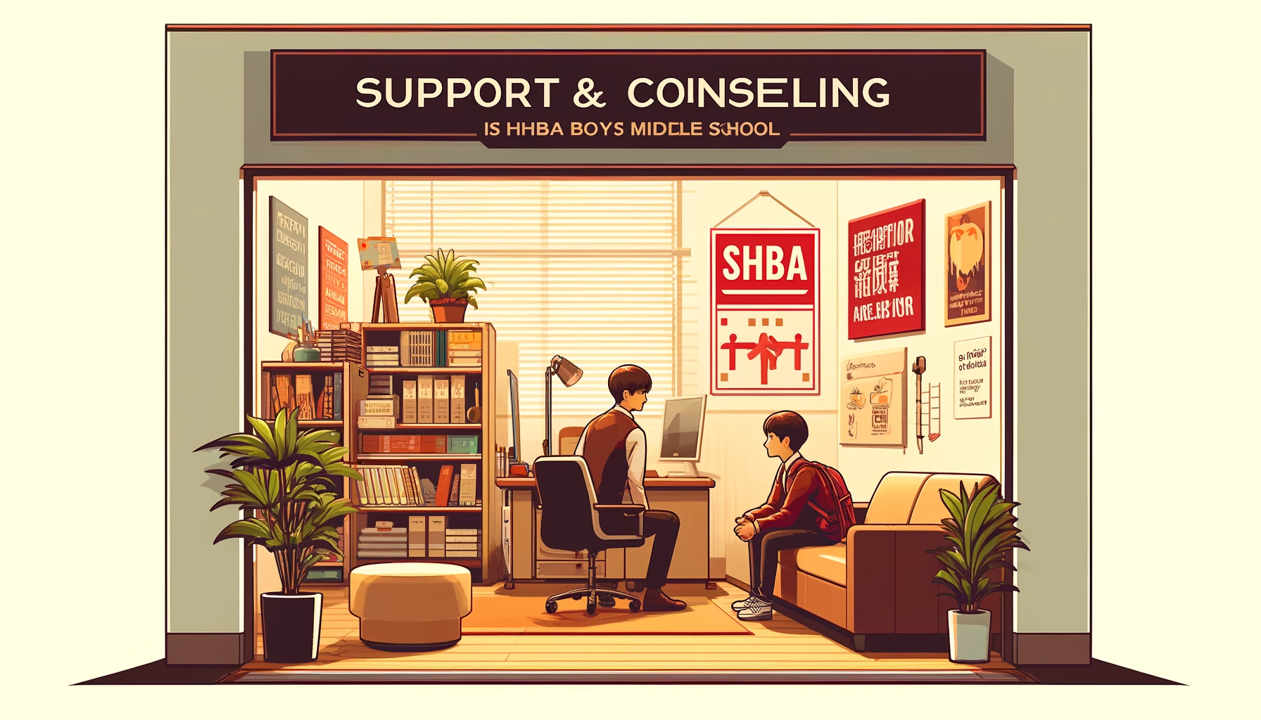 A support and counseling office at SHIBA Boys' Middle School, depicting a warm and welcoming environment. The scene shows a counselor in conversation with a student, surrounded by resources like books, motivational posters, and a comfortable seating area. The name 'SHIBA' is subtly included on materials and décor, emphasizing the school's commitment to student support in a caring setting.