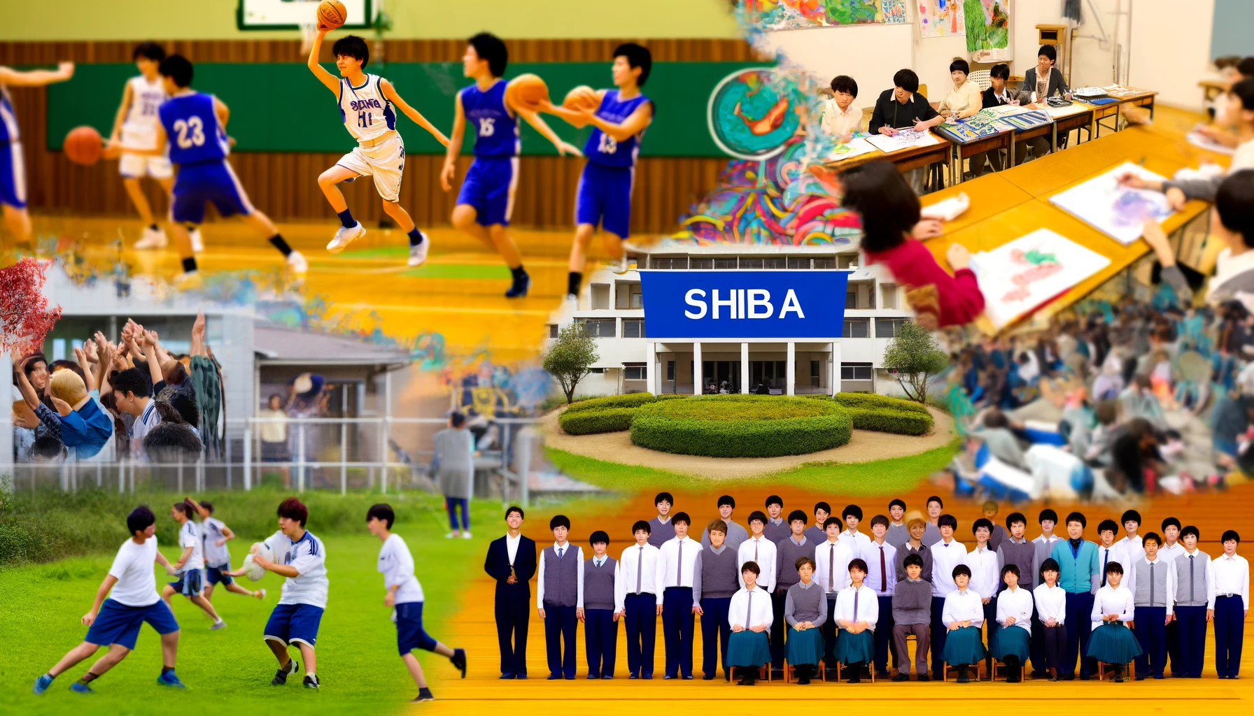A dynamic extracurricular scene at SHIBA middle school with students participating in various club activities. The image features sports like basketball and soccer, along with artistic clubs such as painting and music, all happening in a large, well-equipped school yard. The students are energetic and engaged, with the school's name 'SHIBA' displayed on banners and uniforms, highlighting the school's vibrant club culture.