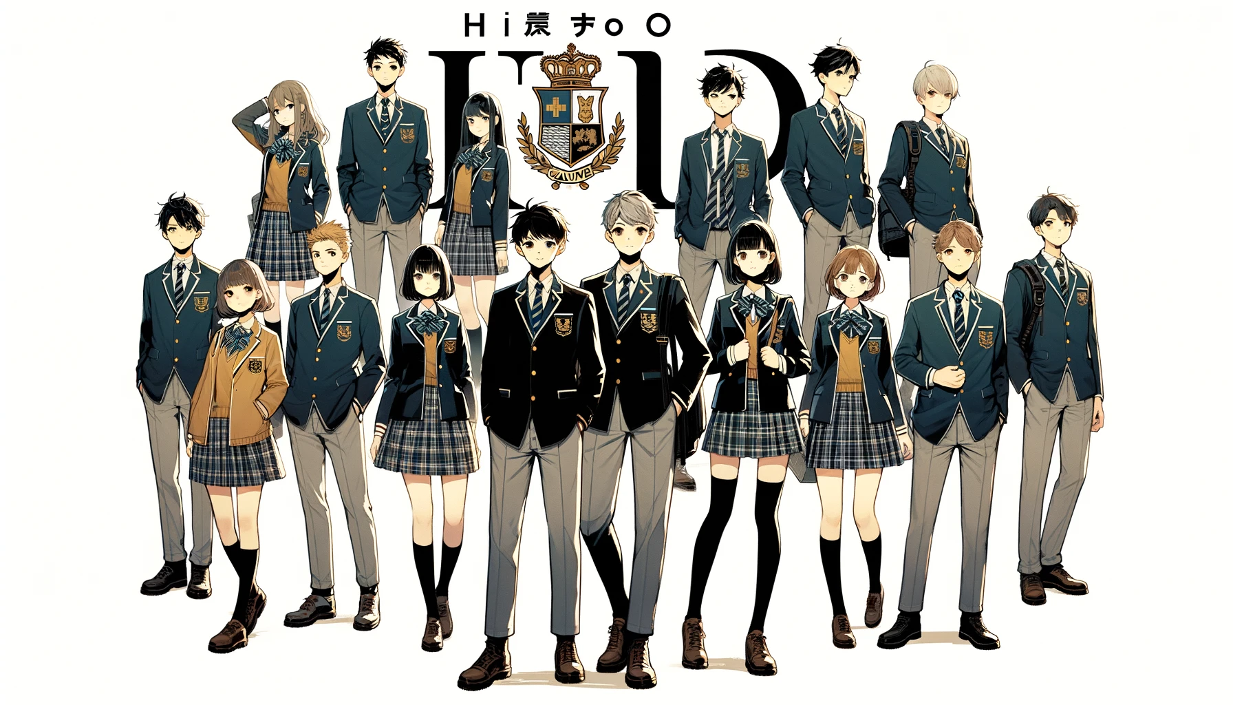 An image showing the uniforms of Hiroo Gakuen. Students are wearing various styles of school uniforms in a formal setting. Include the text 'HIROO' prominently in the image.