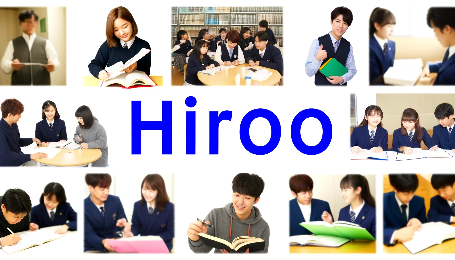 An image showing students of Hiroo Gakuen. They are interacting, studying, and participating in school activities, reflecting the diverse and international student body. Include the text 'HIROO' prominently in the image.