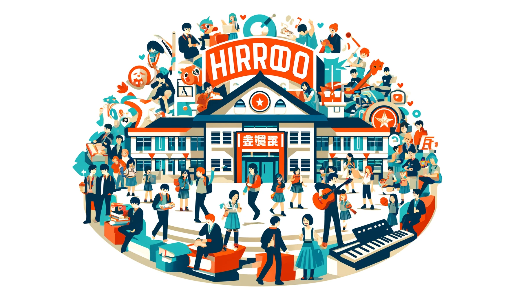 An image depicting the popularity of Hiroo Gakuen with students engaged in various activities, showcasing a lively and vibrant atmosphere. Include the text 'HIROO' prominently in the image.