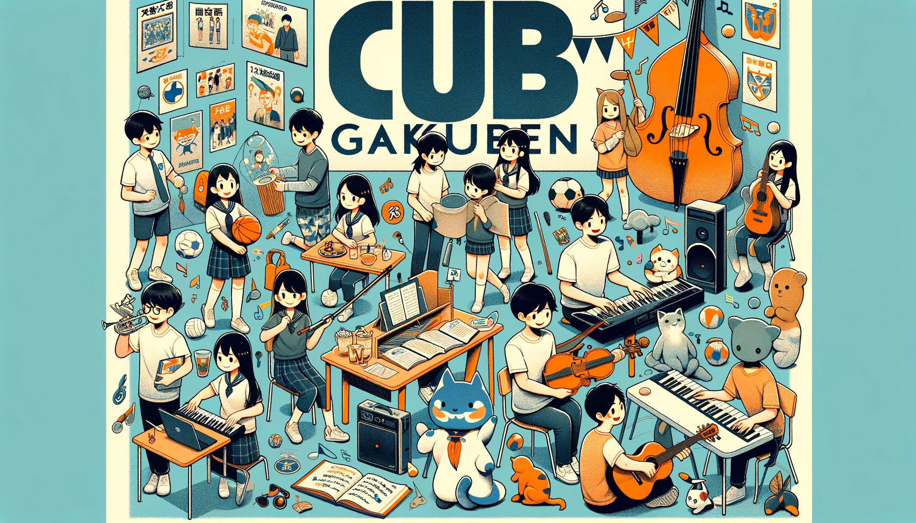 An image depicting club activities at Hiroo Gakuen. Students are participating in various extracurricular activities like sports, music, and arts. Include the text 'HIROO' prominently in the image.