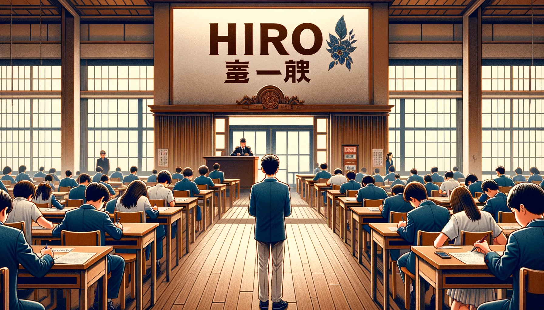 An image showing the entrance examination process of Hiroo Gakuen. Students and parents are seen at an examination hall with a formal and serious atmosphere. Include the text 'HIROO' prominently in the image.