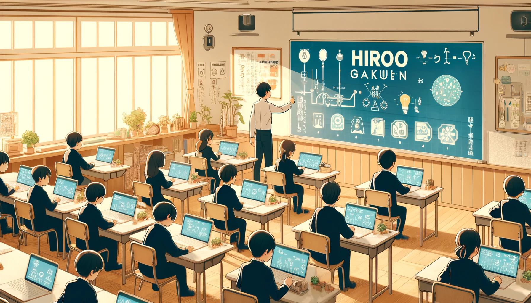 An image showing a classroom scene at Hiroo Gakuen. Students are engaged in a lesson with a teacher, using modern educational tools and technology. Include the text 'HIROO' prominently in the image.