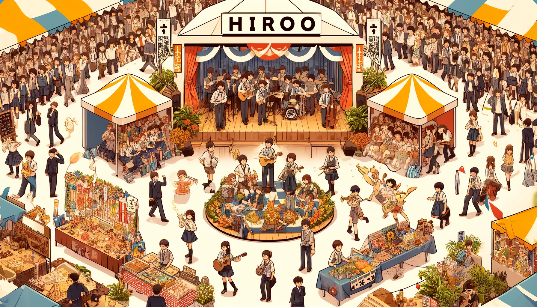 An image showing the cultural festival at Hiroo Gakuen. Students are participating in various cultural activities, performances, and booths in a festive atmosphere. Include the text 'HIROO' prominently in the image.