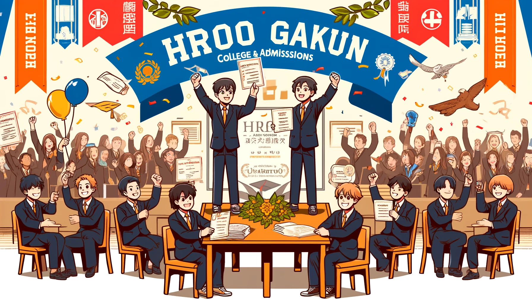 An image showing the academic achievements and college admissions success of Hiroo Gakuen. Students are celebrating their acceptance into prestigious universities, with banners and certificates displayed. Include the text 'HIROO' prominently in the image.