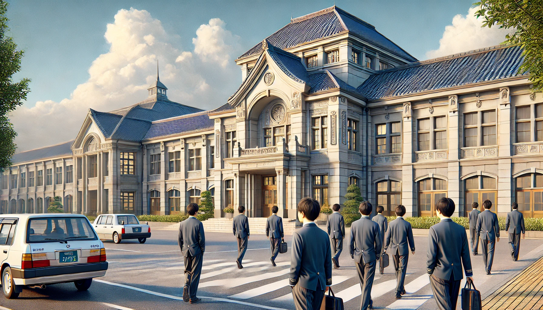 A prestigious boys' junior high school in Tokyo with one of the highest academic rankings, showcasing the modern school buildings and advanced facilities. The image captures a well-maintained campus, with detailed architecture of the school, emphasizing its elite status and high academic reputation. A few Japanese male students can be seen walking or studying, wearing traditional school uniforms. There are no females in the image.