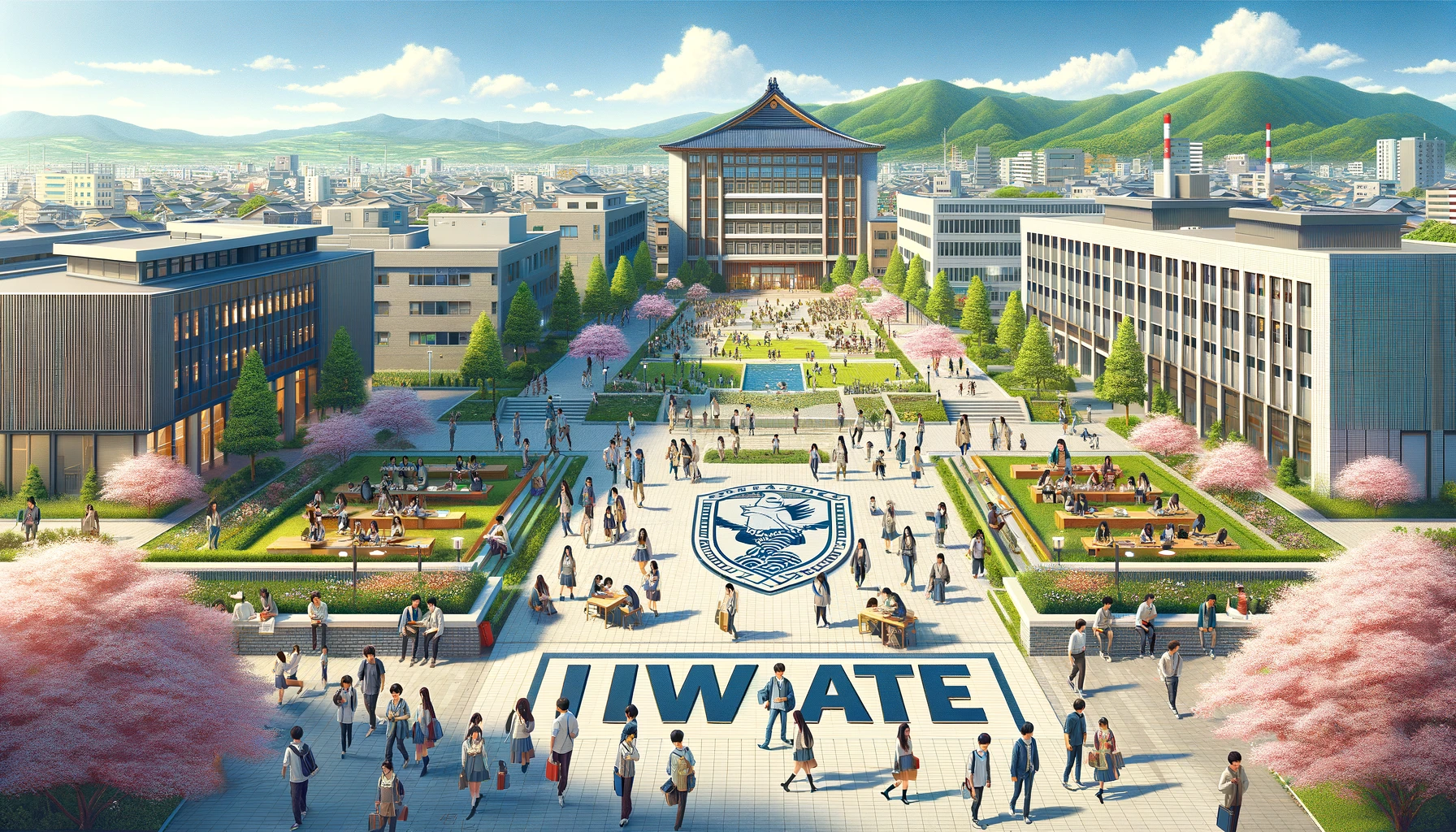A vibrant campus scene at Iwate University in Japan, showing a bustling university environment with students of diverse backgrounds. The image includes modern and traditional architecture blending seamlessly, depicting the university's emblem prominently. Students are engaged in various activities such as studying outdoors, socializing, and participating in club activities. The landscape is lush and green, with cherry blossoms visible, suggesting springtime. The word 'IWATE' is included in bold English letters in the foreground. The scene is set during a clear, sunny day, emphasizing the university's appeal and popularity.