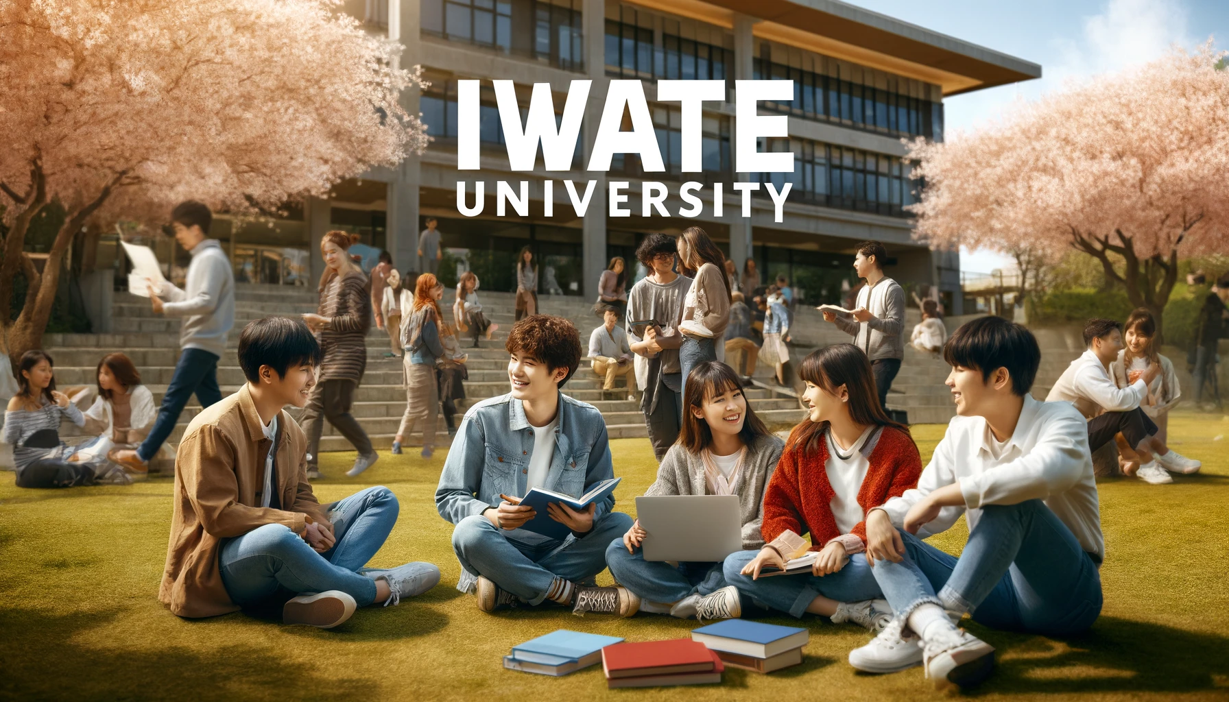 A dynamic scene focused on students at Iwate University, illustrating the university's popularity. The image captures a group of students from diverse backgrounds, actively engaged in a lively discussion outdoors. They are sitting on the grass with books and laptops, under the shade of cherry blossom trees. Some students are walking by, chatting and laughing. The setting includes modern campus buildings in the background. Prominently, the word 'IWATE' is displayed in bold English letters across the top of the image, highlighting the university's identity.