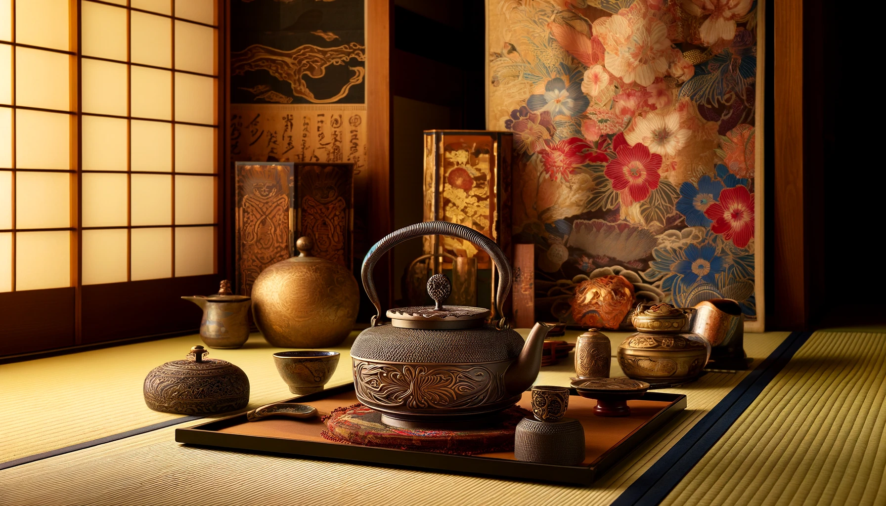 A detailed representation of traditional crafts from Iwate, Japan, focusing on the renowned Nanbu ironware. The image features a beautifully crafted Nanbu iron teapot with intricate designs, set on a traditional Japanese tatami mat. Alongside, there are colorful Yuzen dye fabrics and intricate lacquerware, showcasing the rich craftsmanship of the region. The background is a softly lit, traditional Japanese room with wooden accents and paper sliding doors, providing a warm and inviting atmosphere that highlights the elegance of Iwate's traditional crafts.