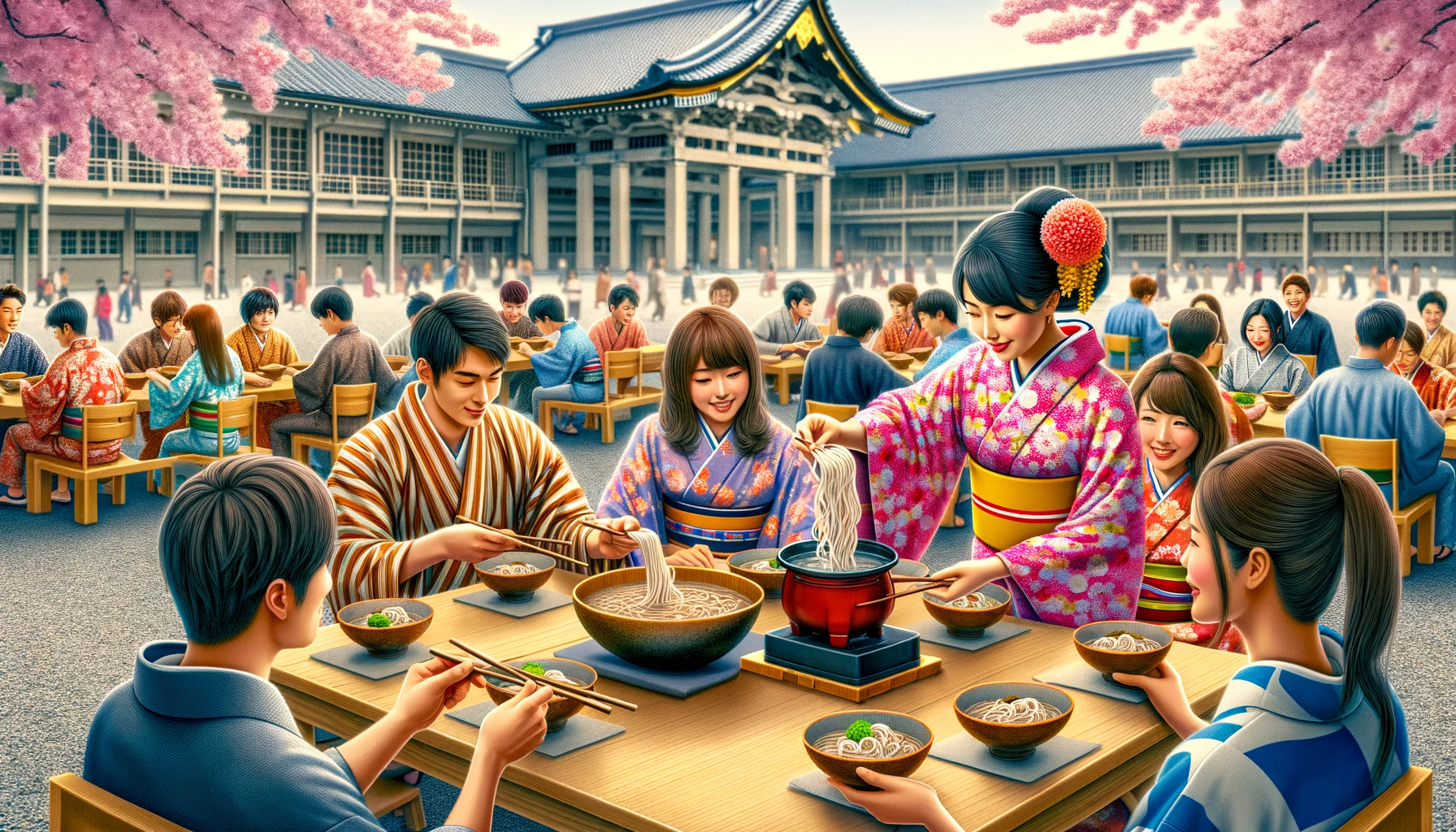 An engaging scene at Iwate University featuring students enjoying 'wanko soba', a local noodle specialty. The image shows a group of diverse students seated around a traditional low dining table, wearing vibrant yukatas. Each student has a small bowl, and a server in traditional attire is adding soba noodles to their bowls from a large pot. The setting is outdoors under cherry blossoms, reflecting a festive atmosphere. The university's buildings can be seen in the background, integrating academic life with local culture.
