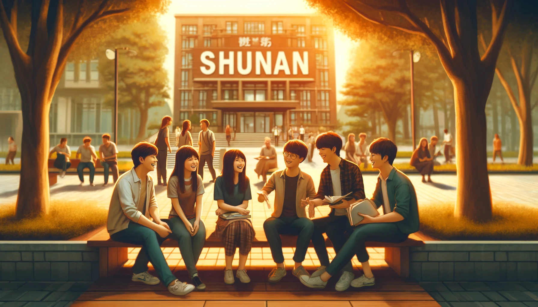 A warm and inviting scene at Shunan Public University featuring students engaged in a cheerful conversation. The image captures a small group of students from diverse backgrounds, sitting together on campus benches, laughing and talking. The setting is relaxed with trees and the university's buildings in the background, creating a lively and inclusive atmosphere. The word 'SHUNAN' is prominently displayed in the scene, symbolizing the university's community spirit and the happiness of its students.