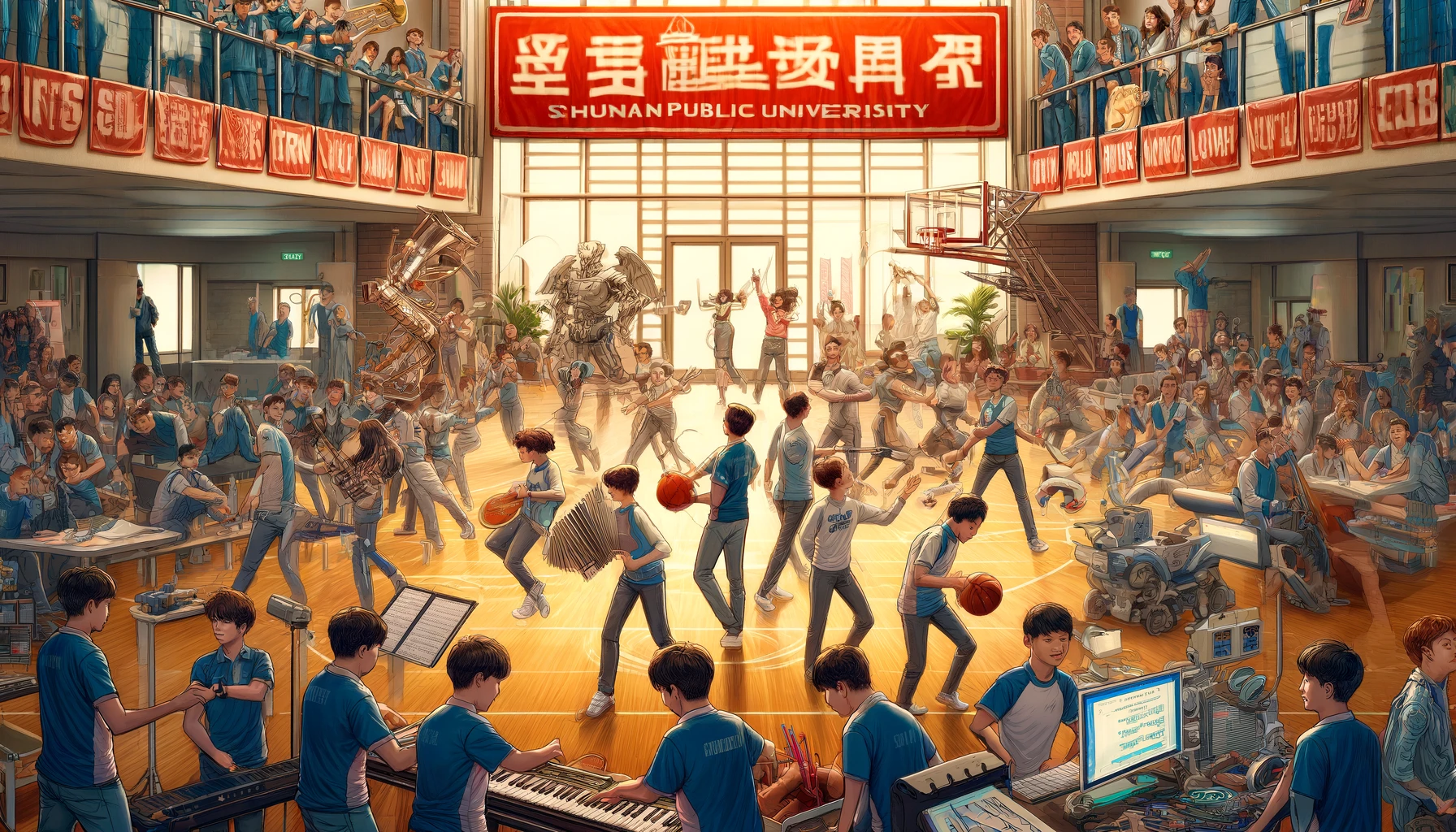 An energetic scene at Shunan Public University focusing on students engaged in various club activities. The image captures students participating in a range of extracurricular activities such as a music band practice, a robotics club meeting, and sports teams in action, like basketball and soccer. The environment is lively and filled with enthusiasm, showcasing the students' passion and teamwork. The school's spirit is highlighted by the word 'SHUNAN' displayed in bold English letters in a prominent part of the scene, reflecting the school's vibrant community spirit.