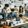 A creative scene at Shibaura Institute of Technology showing three students working on a highly aesthetic product design. The students, of various Asian descents, are in a modern design studio, surrounded by sketches, 3D models, and computer screens displaying CAD software. They are focused on assembling a sleek, innovative gadget that combines functionality with cutting-edge design. The workspace is well-lit and organized, filled with tools and materials needed for product development. This image illustrates the practical and creative aspects of their engineering education, highlighting their skills in blending design and technology.