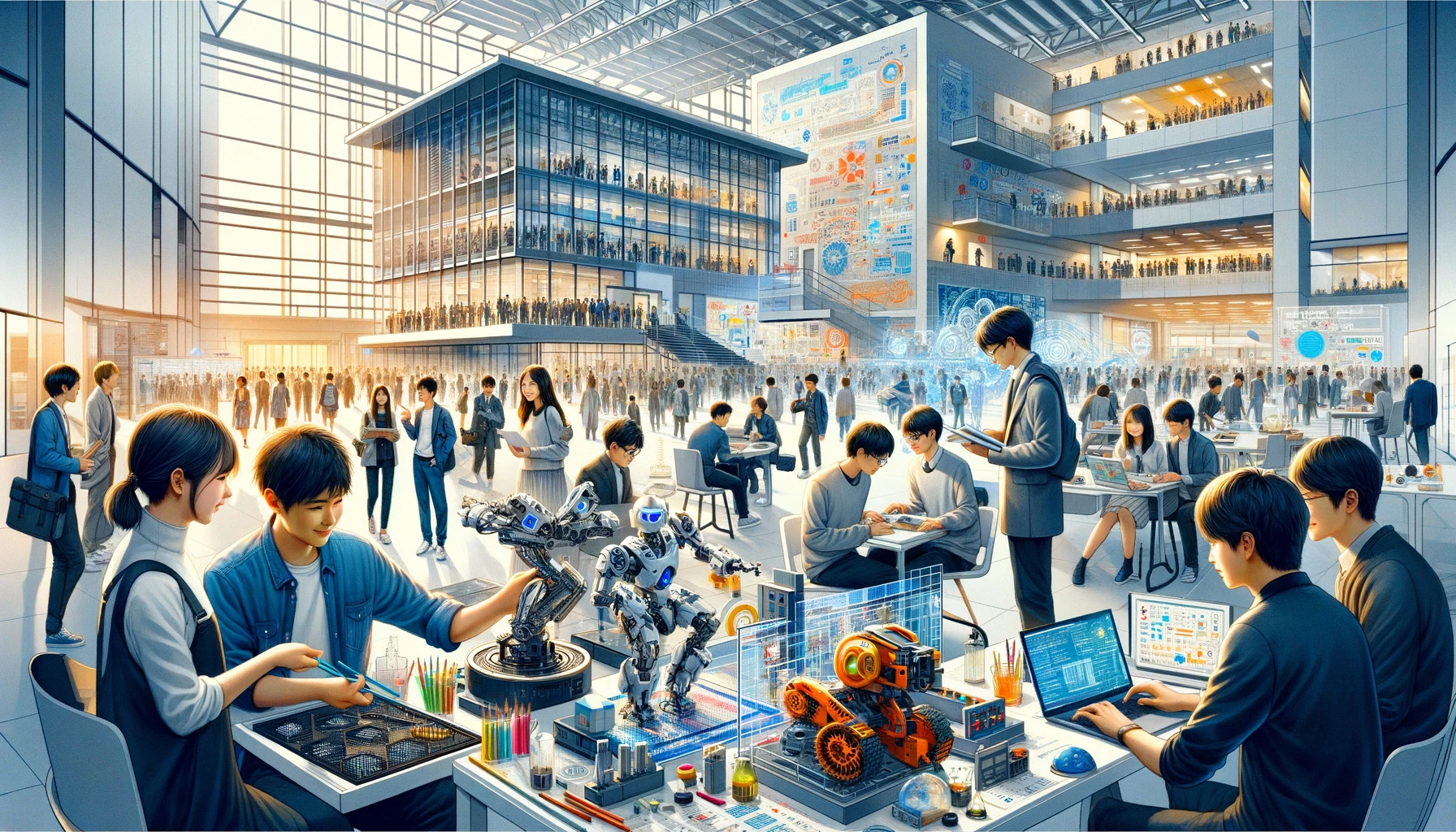 An inspiring campus scene at Shibaura Institute of Technology in Japan, showcasing why it is popular. The image features students of various Asian descents engaged in advanced engineering and technological activities. Students are seen working on robotics, programming in computer labs, and conducting scientific experiments in state-of-the-art facilities. The campus includes modern buildings with sleek designs and high-tech environments. Some students collaborate on projects while others present their innovative ideas to peers. The atmosphere is dynamic and future-focused, illustrating a hub of innovation and learning.