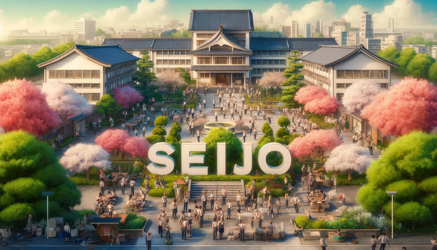 A vibrant and picturesque scene at Seijo Gakuen Junior High School in Japan, showcasing its popularity with the word 'Seijo' in English, very prominently displayed across the entire image, almost like a watermark. The word is large and bold, superimposed over the scene without obstructing the view of the activities. The campus is bustling with activity, featuring a diverse group of students of various Asian descents, wearing traditional school uniforms. They are engaging in a variety of activities such as studying outdoors, participating in club activities, and socializing in beautifully landscaped gardens. The architecture is a blend of modern and classic styles, with lush greenery and blooming cherry trees adding to the school’s prestigious atmosphere. The scene is lively and dynamic, reflecting a well-loved and vibrant educational environment.