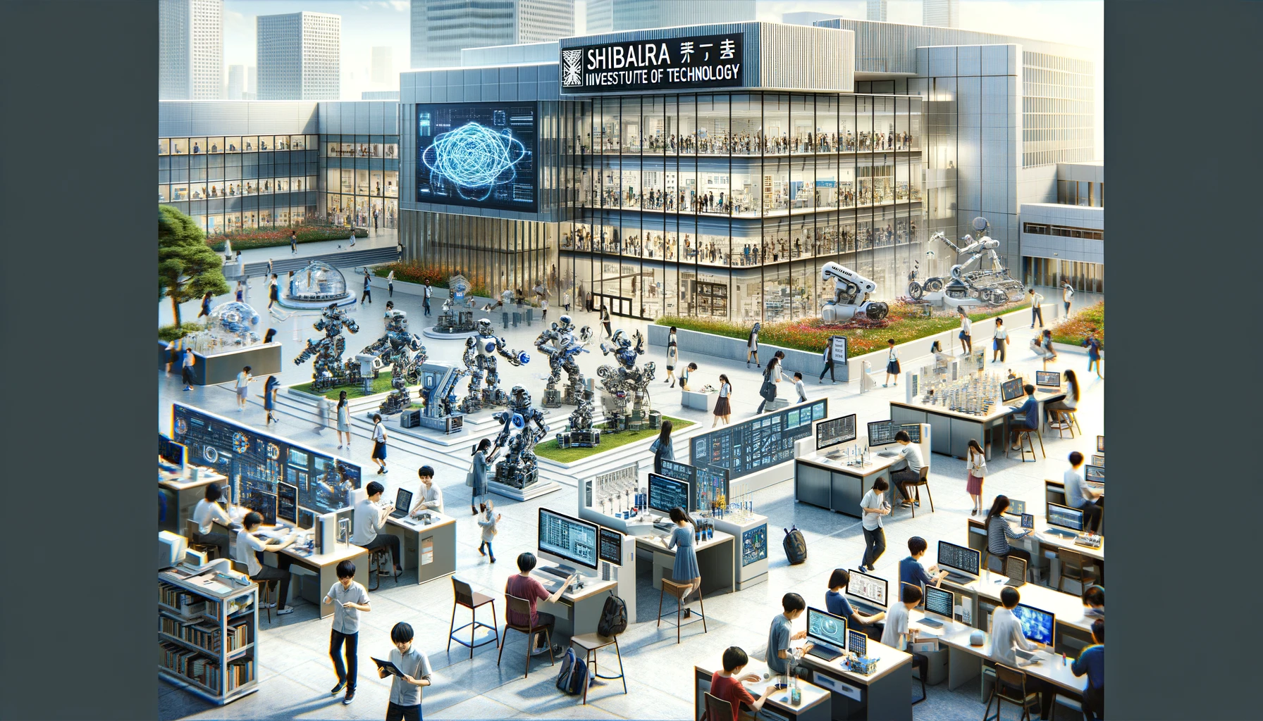 An inspiring campus scene at Shibaura Institute of Technology in Japan, showcasing why it is popular, with the word 'Shibaura' prominently displayed in English. The image features students of various Asian descents engaged in advanced engineering and technological activities. Students are seen working on robotics, programming in computer labs, and conducting scientific experiments in state-of-the-art facilities. The campus includes modern buildings with sleek designs and high-tech environments. Some students collaborate on projects while others present their innovative ideas to peers. The atmosphere is dynamic and future-focused, illustrating a hub of innovation and learning with the university's name visibly included in the scene.