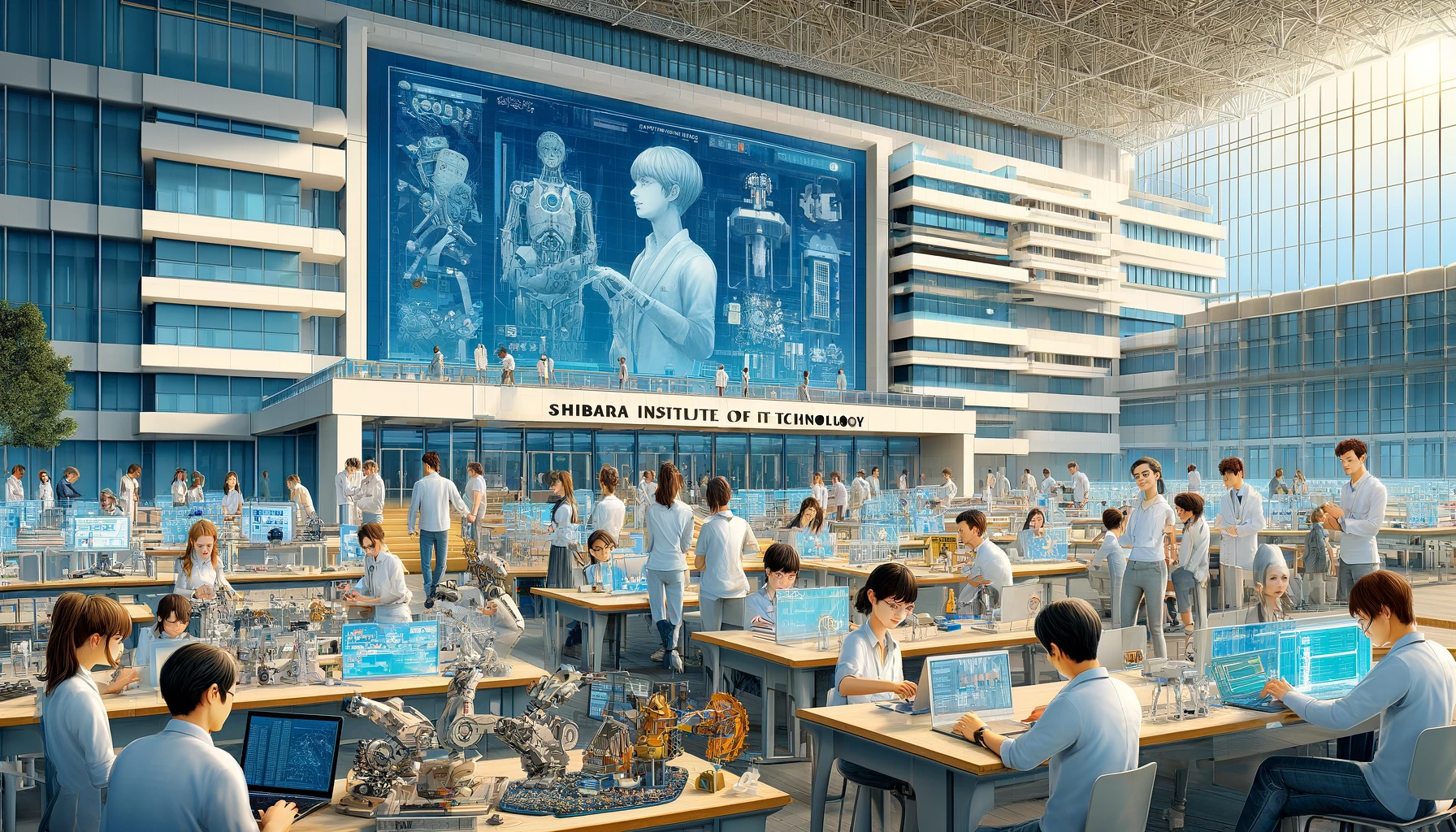 An inspiring campus scene at Shibaura Institute of Technology in Japan, showcasing why it is popular, with the word 'Shibaura' prominently and largely displayed in English. The image features students of various Asian descents engaged in advanced engineering and technological activities. Students are seen working on robotics, programming in computer labs, and conducting scientific experiments in state-of-the-art facilities. The campus includes modern buildings with sleek designs and high-tech environments. Some students collaborate on projects while others present their innovative ideas to peers. The atmosphere is dynamic and future-focused, illustrating a hub of innovation and learning with the university's name visibly included in the scene.
