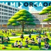 A vibrant campus scene at Midorigaoka High School, showcasing its popularity. The image features a group of students from diverse backgrounds engaged in various activities around a green and spacious campus. Some students are studying under the shade of large trees, others are participating in a sports practice, and a few are relaxing and chatting in outdoor seating areas. The school buildings in the background blend modern and traditional architectural elements. The word 'MIDORIGAOKA' is prominently displayed in bold English letters, reflecting the school's vibrant community and educational spirit.