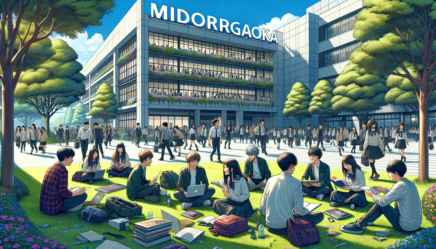 A dynamic scene at Midorigaoka High School focusing specifically on the students, showcasing the school's popularity. The image captures a group of students from diverse backgrounds, actively engaged in a lively discussion outdoors. They are sitting on the grass with books and laptops, under the shade of trees, showcasing a typical day of student life. Some students are walking by, chatting and laughing. The school buildings in the background blend modern and traditional architecture. Prominently, the word 'MIDORIGAOKA' is displayed in bold English letters across the top of the image, highlighting the school's identity.