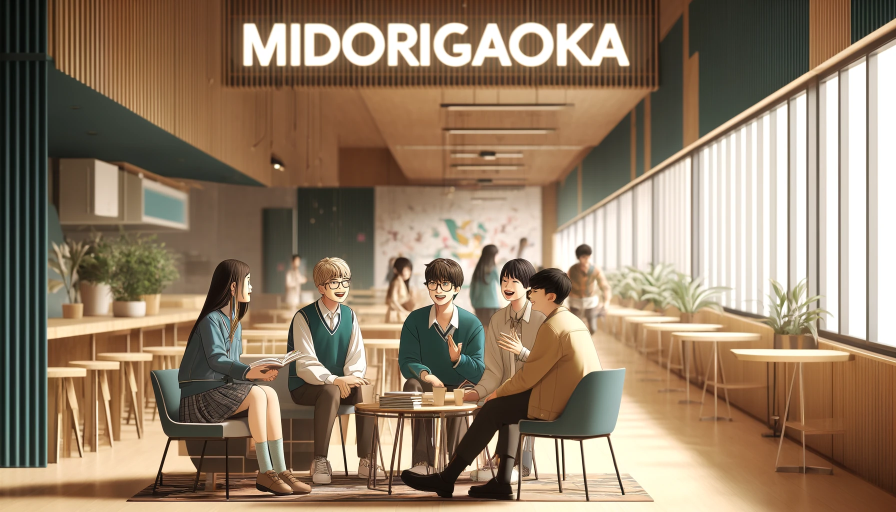 An inviting indoor scene at Midorigaoka High School featuring students engaged in a lively conversation. The image captures a small group of students sitting together in a modern and well-lit classroom or common area, chatting and laughing. They are relaxed and enjoying each other's company, illustrating the friendly and inclusive atmosphere of the school. The background includes elements of the school’s contemporary design, such as stylish furniture and educational posters. The word 'MIDORIGAOKA' is prominently displayed, emphasizing the school's vibrant community and welcoming environment.