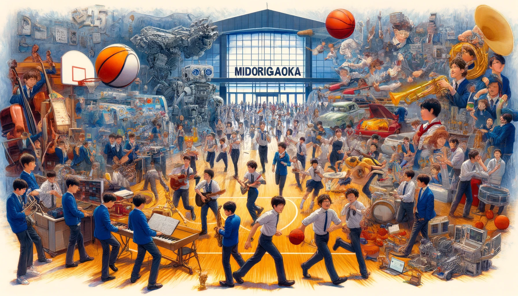 An energetic scene at Midorigaoka High School focusing on students engaged in various club activities. The image depicts students participating in a range of extracurricular activities such as a music band practice, a robotics club meeting, and sports teams in action, like basketball and soccer. The environment is lively and filled with enthusiasm, showcasing the students' passion and teamwork. The school's spirit is highlighted by the word 'MIDORIGAOKA' displayed in bold English letters in a prominent part of the scene, reflecting the school's vibrant community spirit.