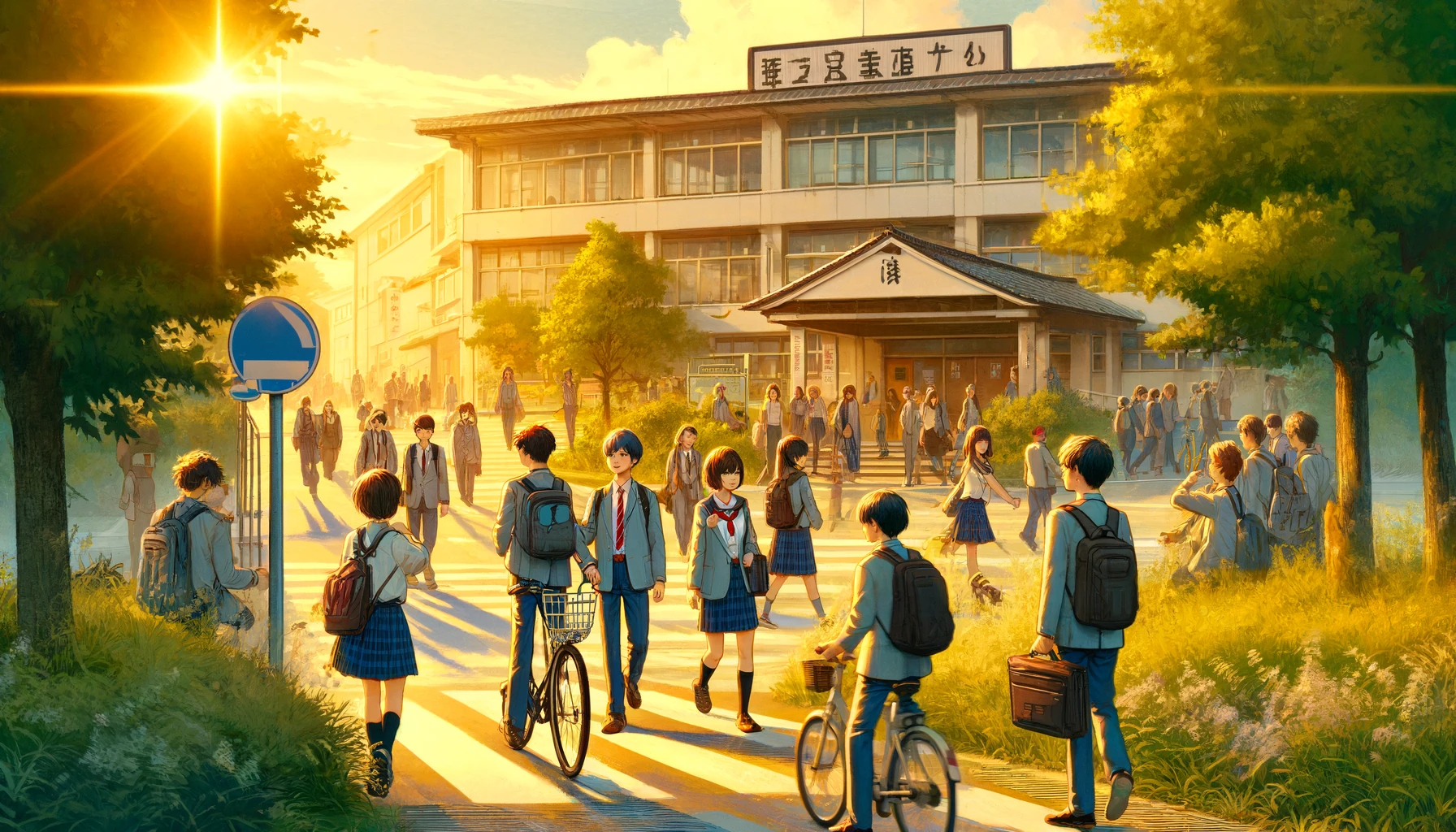A vibrant morning scene at Midorigaoka High School featuring students commuting to school. The image captures students walking and biking along a scenic path that leads to the school entrance. The students are chatting happily, some riding bicycles, others walking in groups or alone, all dressed in the school's distinct uniform. The background shows the school’s facade, bathed in morning light, creating a welcoming atmosphere. The word 'MIDORIGAOKA' is prominently displayed, emphasizing the school's strong sense of community and academic pride.