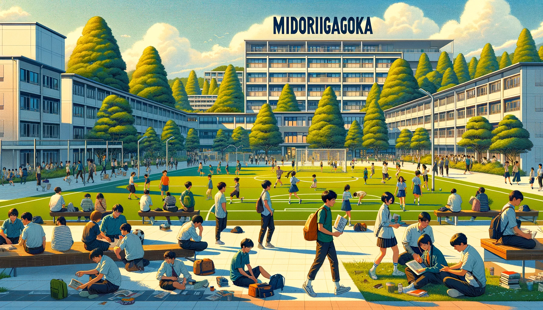 A lively campus scene at Midorigaoka High School, showcasing its popularity. The image features a group of students from diverse backgrounds engaged in various activities around a green and spacious campus. Some students are studying under the shade of large trees, others are participating in a sports practice, and a few are relaxing and chatting in outdoor seating areas. The school buildings in the background blend modern and traditional architectural elements. The word 'MIDORIGAOKA' is prominently displayed in bold English letters, reflecting the school's vibrant community and educational spirit.