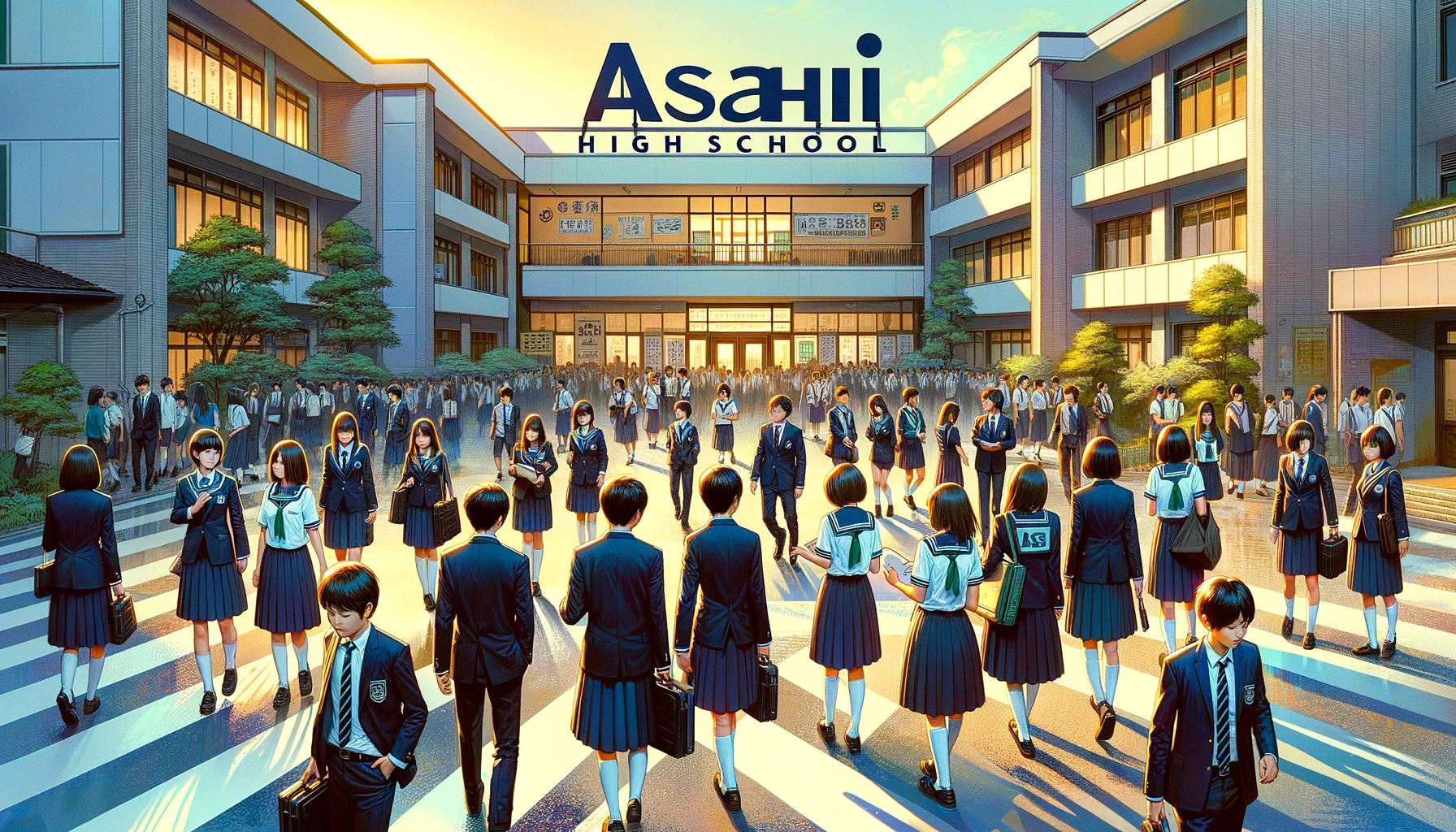 A vivid scene at Asahi High School focusing on students in uniforms, reflecting the school's popularity and disciplined environment. The image captures a group of students dressed in sharp, neat uniforms, engaged in various academic and social activities around the campus. Some are walking to class, others are gathered in small groups, discussing their projects. The background features the school's modern yet welcoming architecture, enhancing the scholarly atmosphere. The word 'ASAHI' is prominently displayed, underlining the school's proud identity and strong educational values.