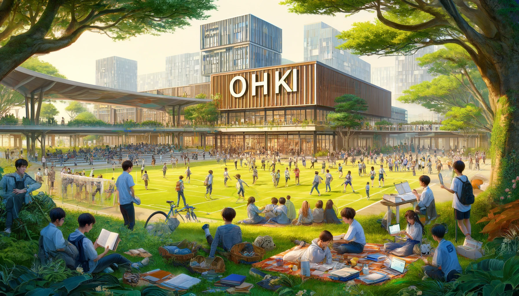 A vibrant campus scene at Ohki High School, showcasing its popularity. The image features a diverse group of students engaged in various activities around a lush and spacious campus. Some students are studying outdoors on picnic blankets, others are participating in a soccer game, and a few are performing in a band practice session. The school buildings in the background blend modern architecture with natural green spaces, providing a dynamic and inviting atmosphere. The word 'OHKI' is prominently displayed in bold English letters, reflecting the school's strong community and academic spirit.