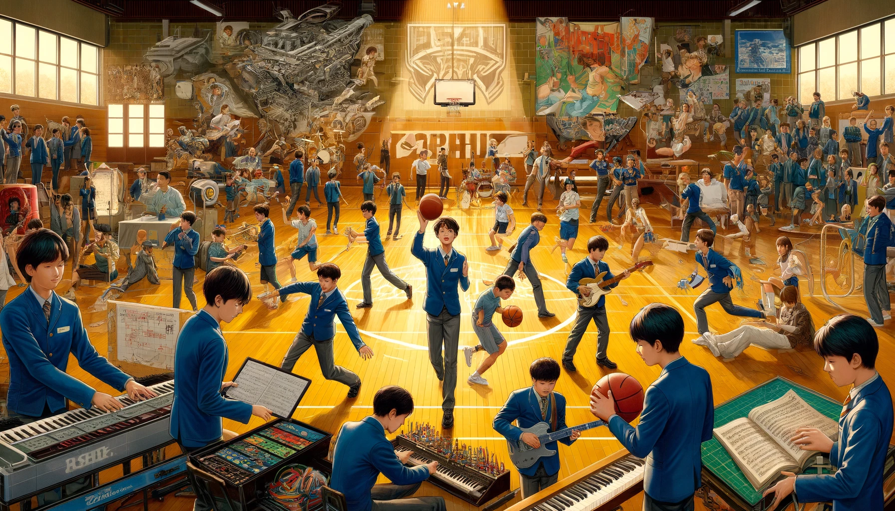 An energetic scene at Asahi High School focusing on students engaged in various club activities. The image depicts students participating in a range of extracurricular activities such as a music band practice, a robotics club meeting, and sports teams in action, like basketball and soccer. The environment is lively and filled with enthusiasm, showcasing the students' passion and teamwork. The school's spirit is highlighted by the word 'ASAHI' displayed in bold English letters in a prominent part of the scene, reflecting the school's vibrant community spirit.
