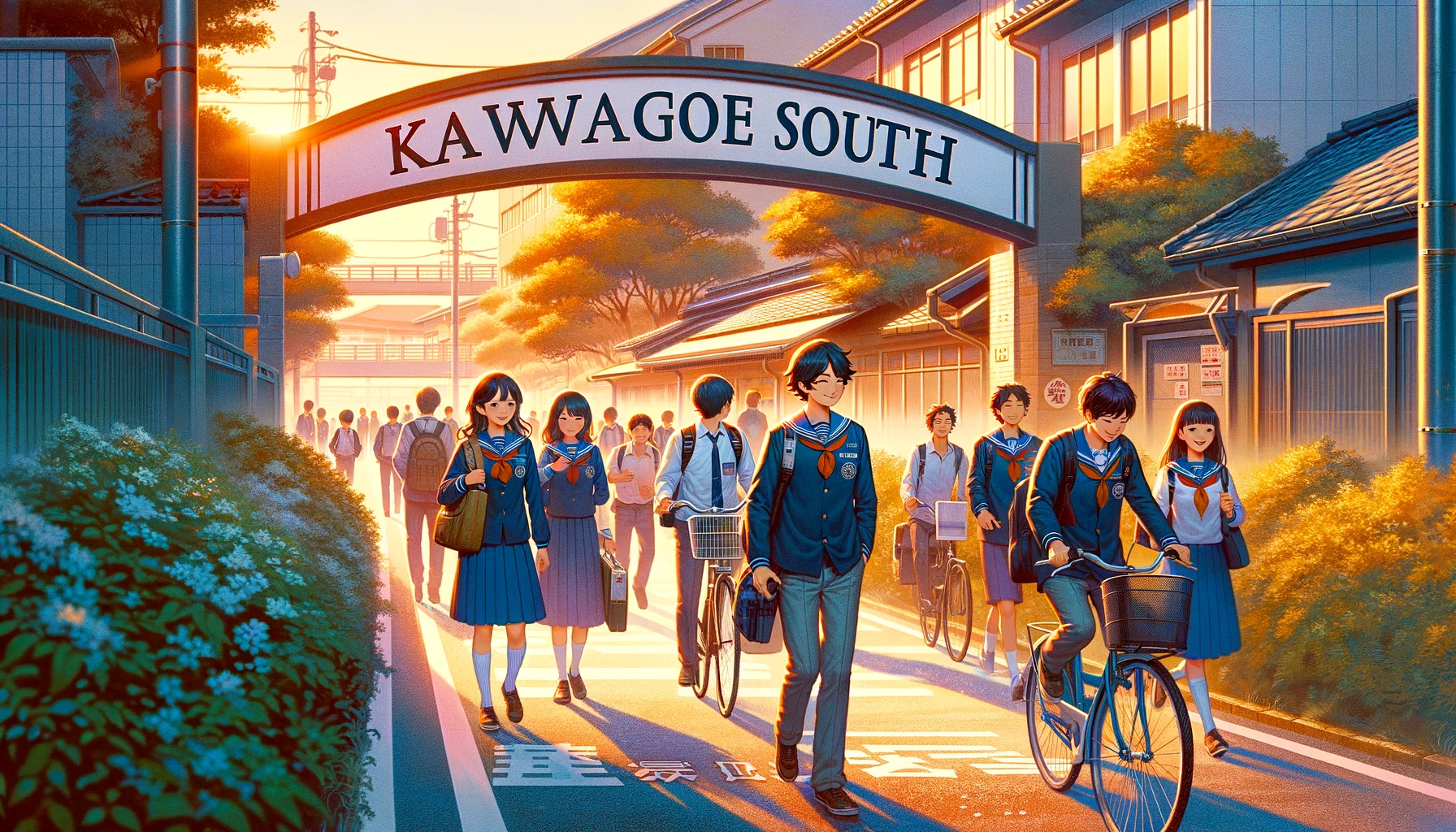 A vibrant morning scene at Kawagoe South University featuring students commuting to school. The image captures students walking and biking along a scenic path that leads to the school entrance. The students are chatting happily, some riding bicycles, others walking in groups or alone, all dressed in the school's distinct uniform. The background shows the school’s facade, bathed in morning light, creating a welcoming atmosphere. The words 'KAWAGOE SOUTH' are prominently displayed, emphasizing the school's strong sense of community and academic pride.