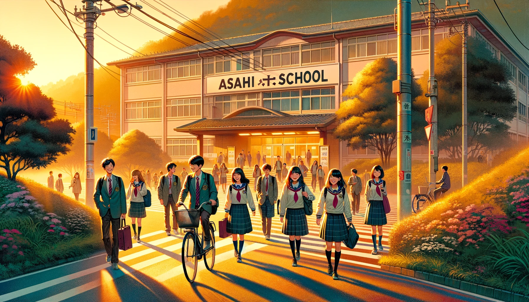 A vibrant morning scene at Asahi High School featuring students commuting to school. The image captures students walking and biking along a scenic path that leads to the school entrance. The students are chatting happily, some riding bicycles, others walking in groups or alone, all dressed in the school's distinct uniform. The background shows the school’s facade, bathed in morning light, creating a welcoming atmosphere. The word 'ASAHI' is prominently displayed, emphasizing the school's strong sense of community and academic pride.