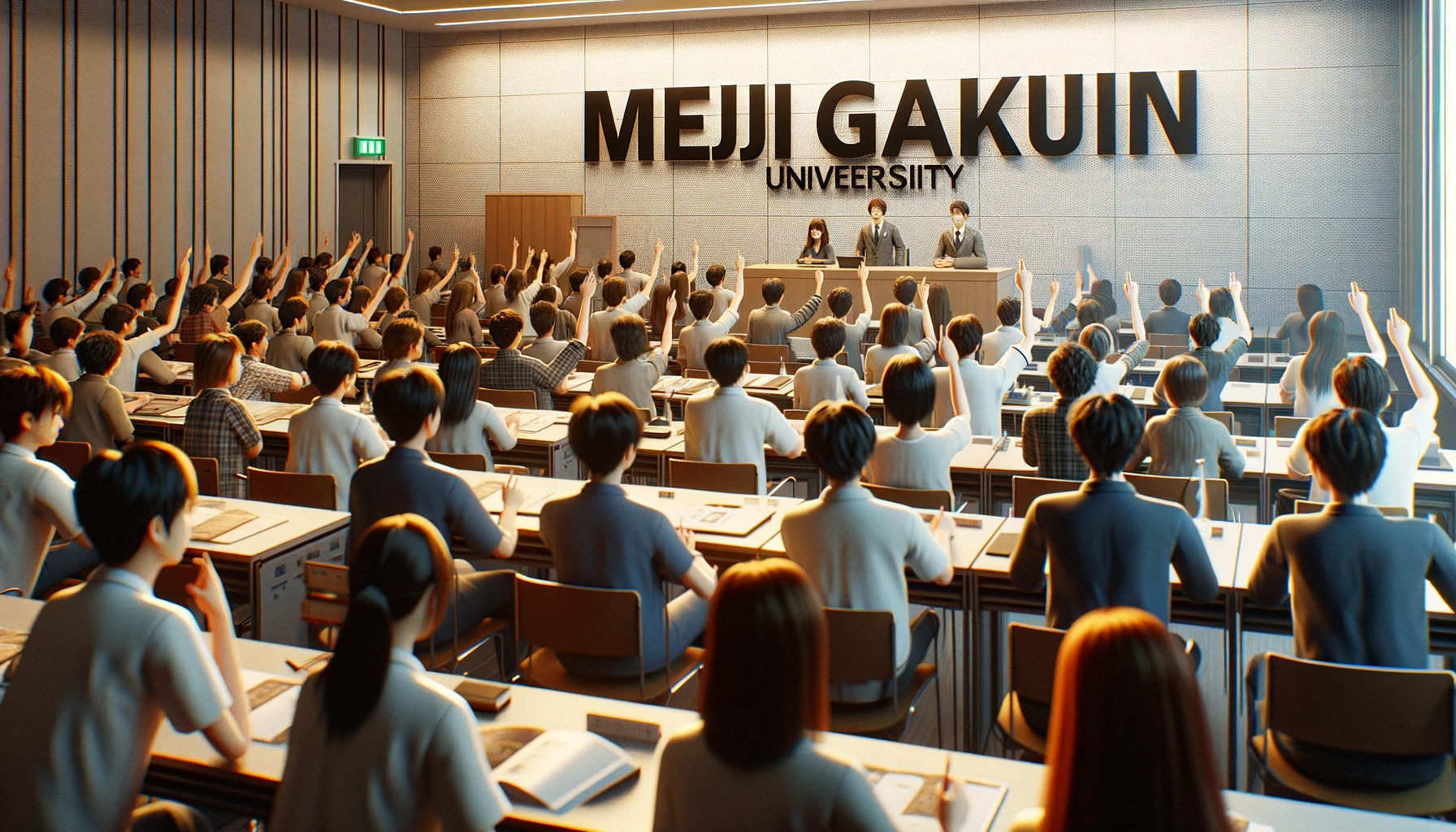 A classroom scene at Meiji Gakuin University showing students engaged in an interactive lecture. The image captures a diverse group of students attentively listening to a professor, with some raising their hands to ask questions. The classroom is equipped with modern educational technology, enhancing the learning experience. Students are taking notes and participating actively, illustrating the university's commitment to high-quality education. The word 'MEIJI GAKUIN' is prominently displayed, emphasizing the academic excellence of the university.