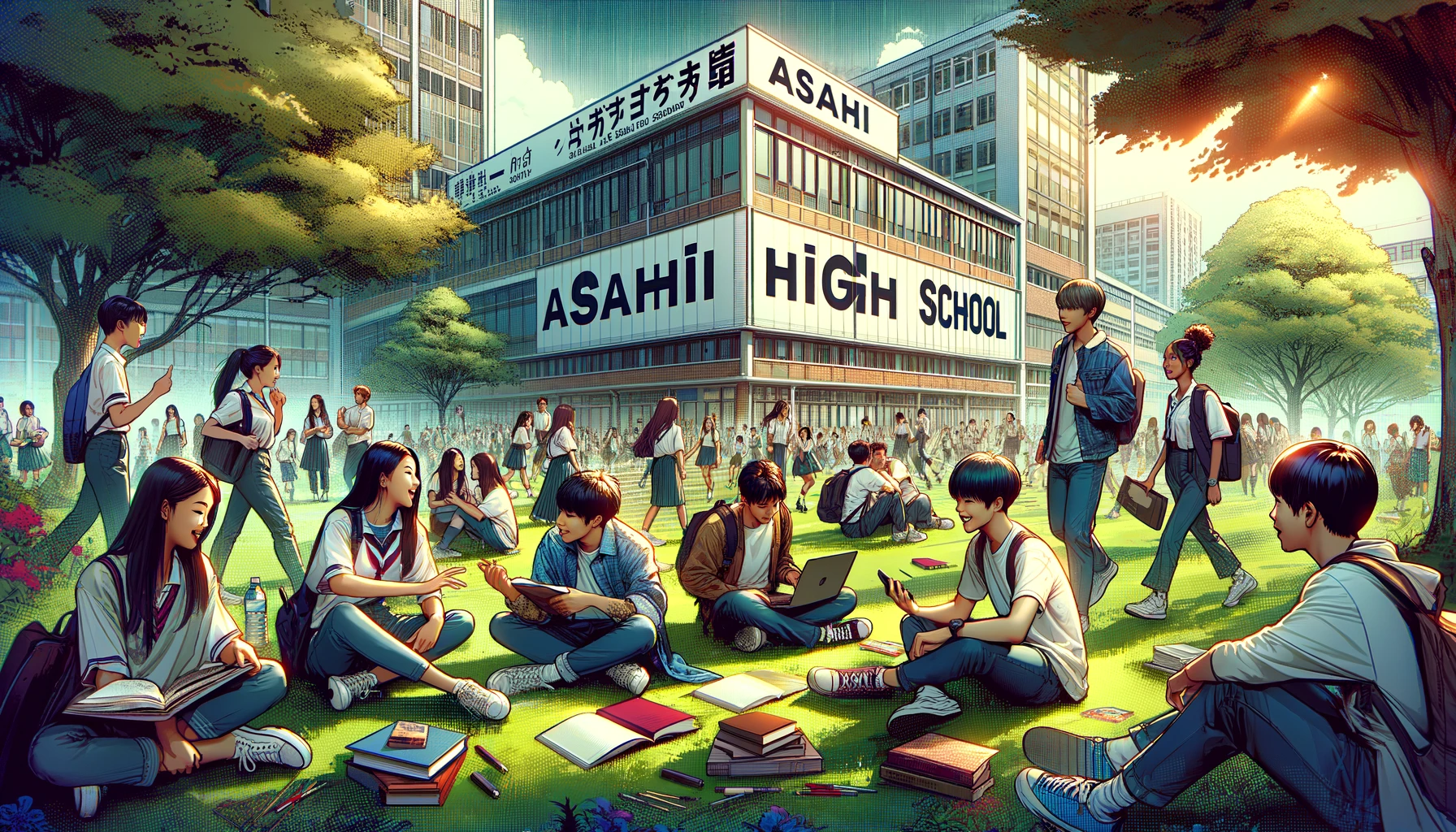 A dynamic scene at Asahi High School focusing specifically on the students, showcasing the school's popularity. The image captures a group of students from diverse backgrounds, actively engaged in a lively discussion outdoors. They are sitting on the grass with books and laptops, under the shade of trees, showcasing a typical day of student life. Some students are walking by, chatting and laughing. The school buildings in the background blend modern and traditional architecture. Prominently, the word 'ASAHI' is displayed in bold English letters across the top of the image, highlighting the school's identity.