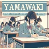 Yamawaki Academy Girls' Junior and Senior High School entrance exams. The image shows female students taking exams in a large exam hall, focused and serious. The image includes the text 'Yamawaki' prominently displayed.
