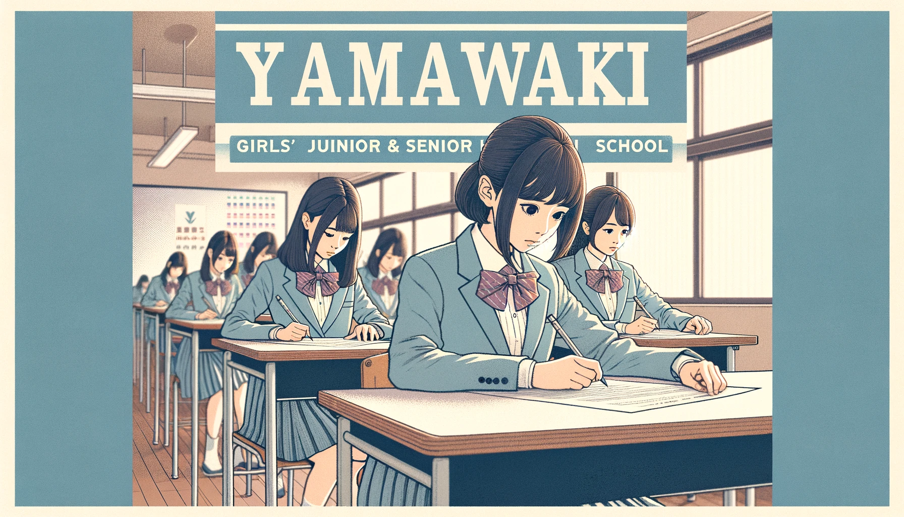 Yamawaki Academy Girls' Junior and Senior High School entrance exams. The image shows female students taking exams in a large exam hall, focused and serious. The image includes the text 'Yamawaki' prominently displayed.