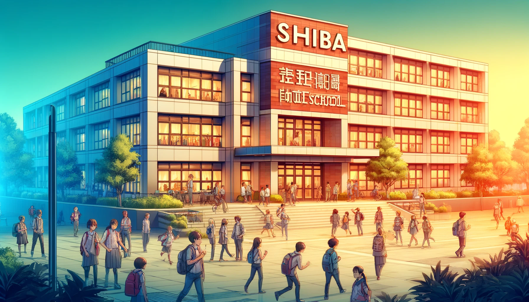 A bustling middle school with the name 'SHIBA' displayed prominently on the building facade. The school is modern and vibrant, showcasing diverse groups of students engaging in various activities like chatting, studying, and playing in the courtyard. The image conveys a sense of popularity and liveliness, ideal for representing the theme of the school's appeal.
