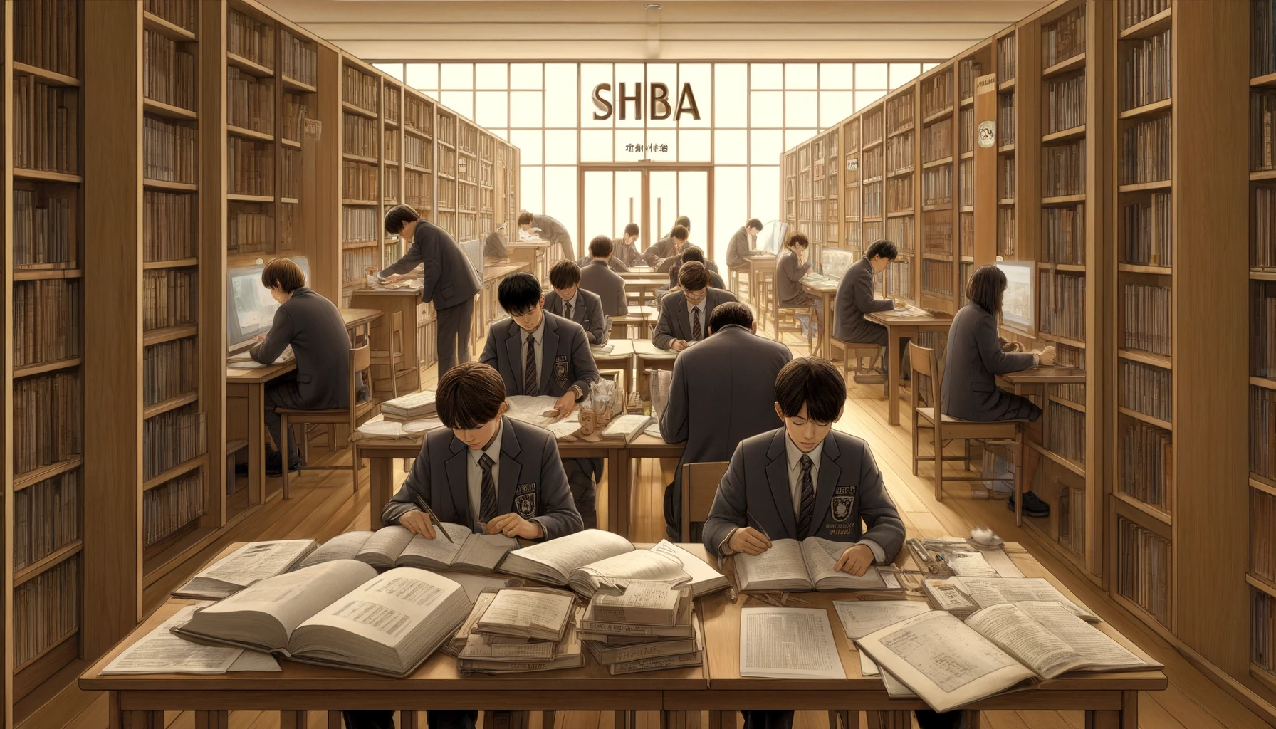 An intense study scene at SHIBA middle school, showcasing students preparing for exams. The library setting includes students of different backgrounds deeply focused, with books open and notes scattered around. Some are in group discussions while others work individually, immersed in their studies. The atmosphere is calm yet studious, with the name 'SHIBA' subtly included on book covers and study materials, reflecting the school's academic environment.