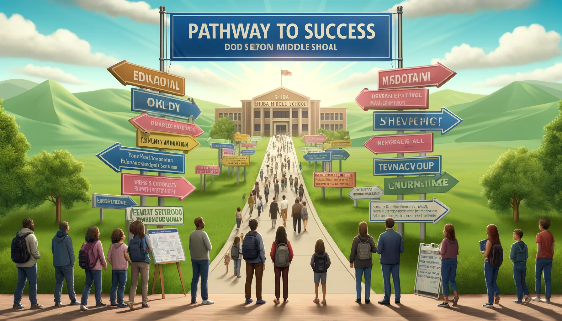 A motivational scene showing a pathway to success for prospective students aiming to enroll at SHIBA middle school. The image depicts a metaphorical road lined with educational milestones and inspirational banners, leading up to the grand entrance of SHIBA middle school. Diverse students and parents are walking along this path, viewing information boards and engaging with school representatives. The school's name 'SHIBA' is prominently featured throughout the scene.