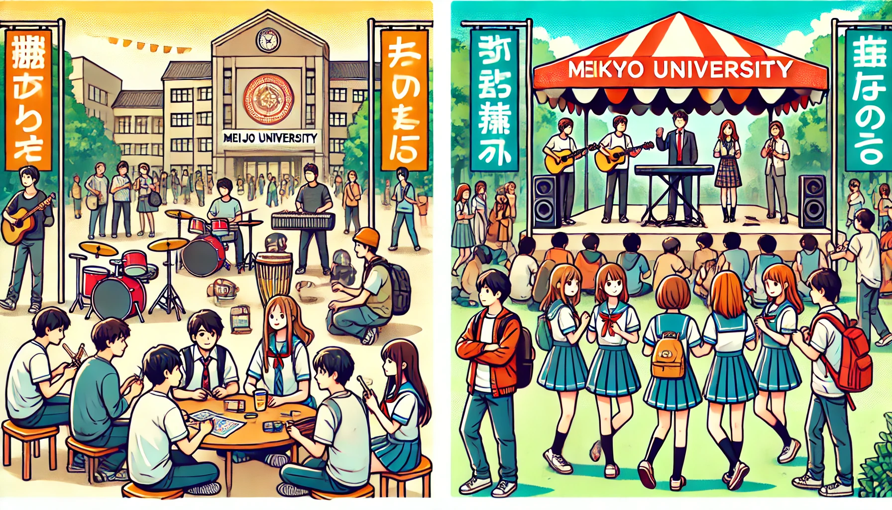 Illustration of student club activities at Meijo University and Tokyo universities. Two groups of students engaging in various club activities such as sports, music, and cultural events. The setting is a lively campus environment with banners and club signs. Japanese students participating actively.