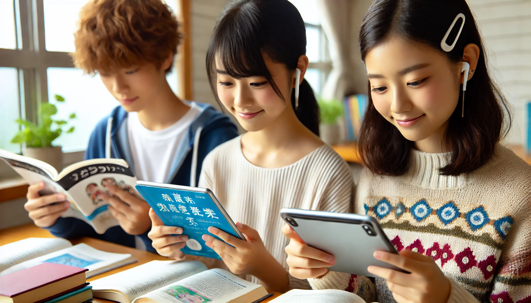 Japanese elementary, middle, and high school students using tablets or smartphones for studying. The students are in a home setting, using the devices efficiently to study various subjects, showing how their study process is made more efficient with the learning service.