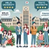 Illustration of university students giving feedback and reviews about their experiences at Meijo University and Tokyo universities. Two groups of students, each sharing their opinions in a friendly, relaxed campus setting. Japanese students engaged in conversation with notebooks and smartphones.