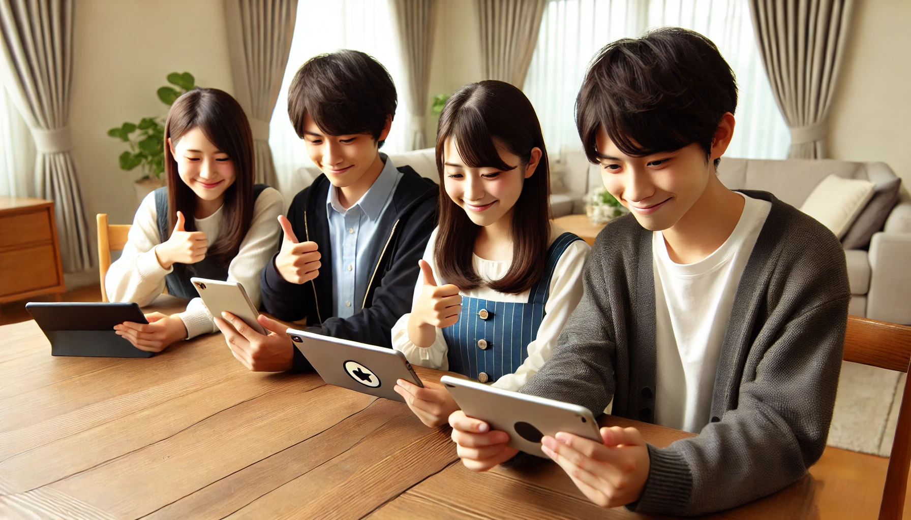 Japanese elementary, middle, and high school students giving feedback on their experience with a tablet or smartphone learning service. The students should be in a home setting, sharing their positive experiences and reviews.